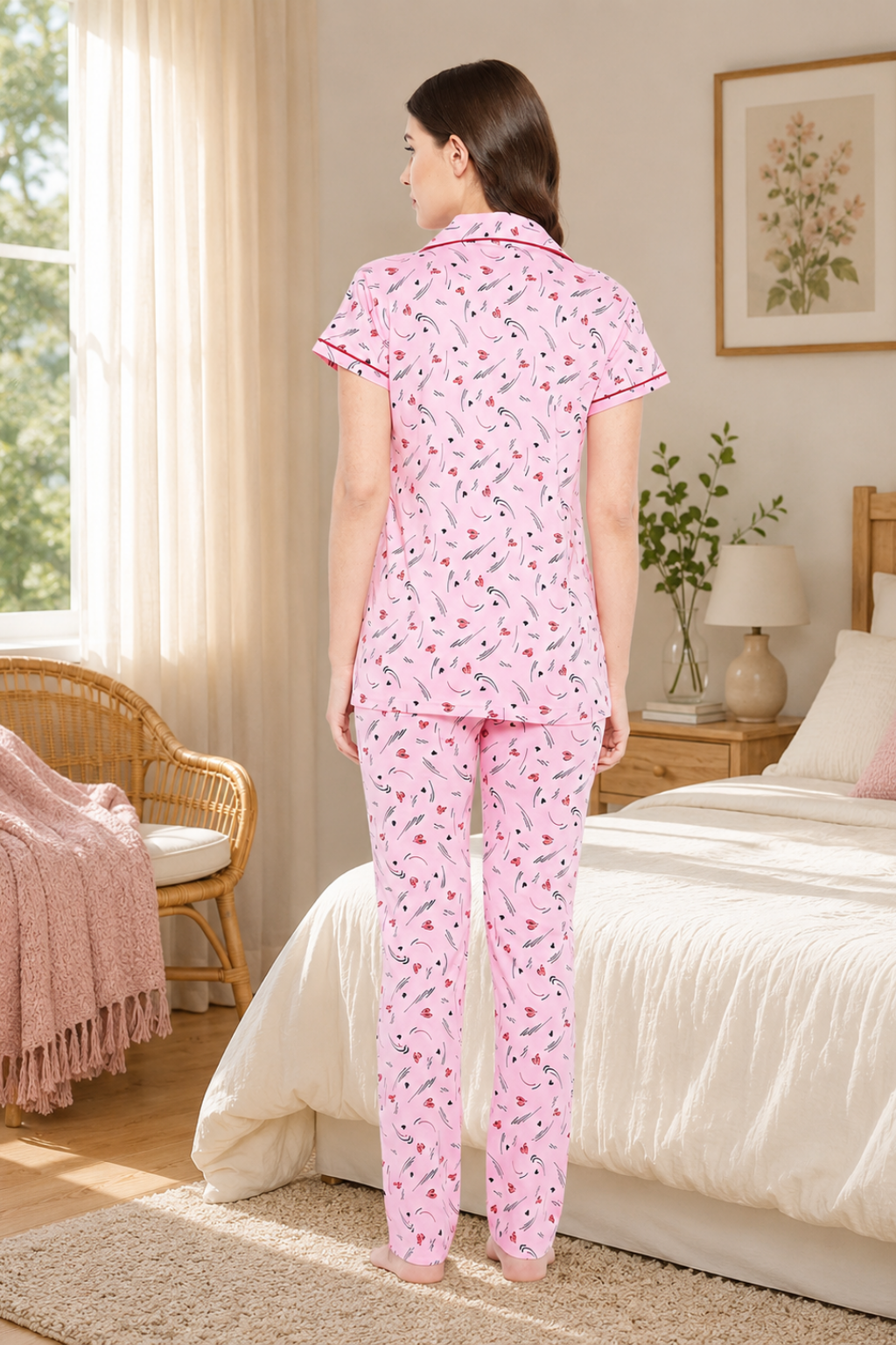 Pink Heart Print Button Me Up Shirt & Pyjama Set in Cotton
