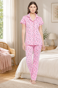 Pink Heart Print Button Me Up Shirt & Pyjama Set in Cotton