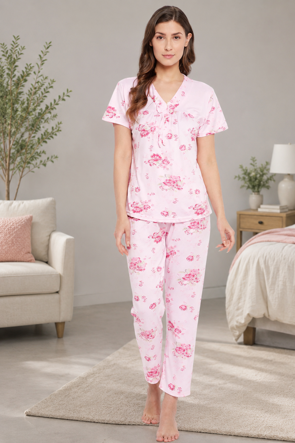 Floral Print Top & Pyjama Set In Pink