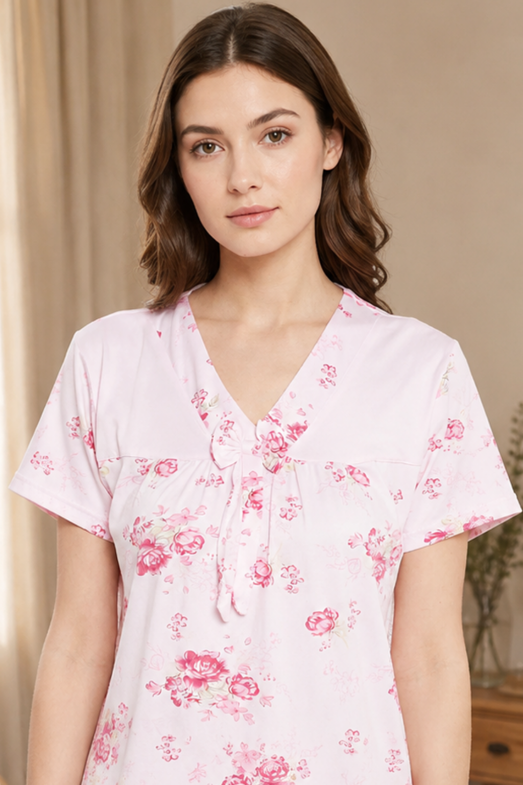 Floral Print Top & Pyjama Set In Pink