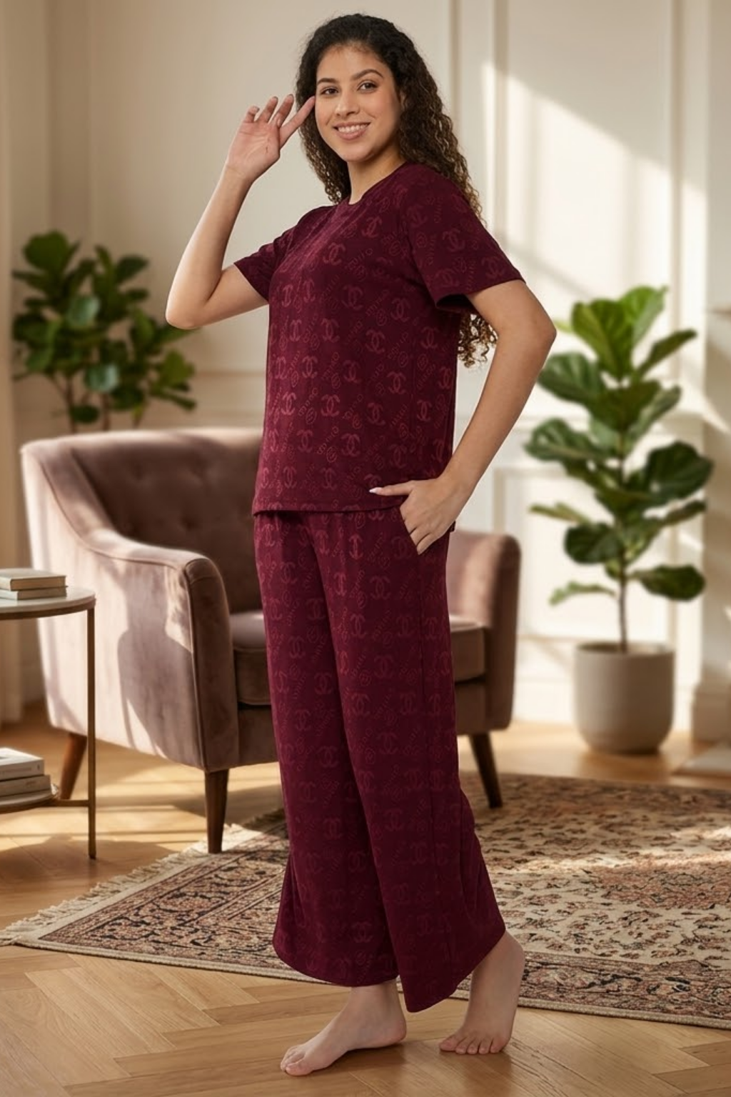 Top and Pyjama Set for Women Nightwear, Coffee