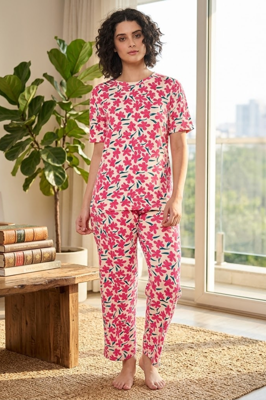 Camey Floral Printed Women Night Suit Set | Soft Cotton Blend Night Suit for Women Stylish Night Dress