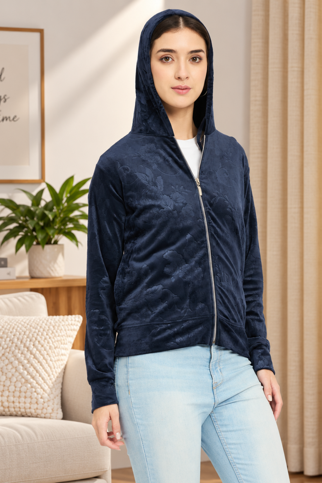 Women’s Floral Textured Zip-Up Hooded Sweatshirt