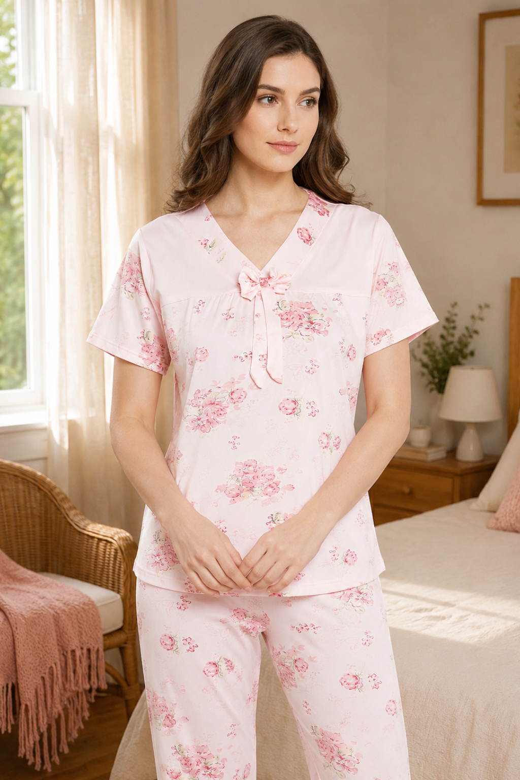 Floral Print Top & Pyjama Set In Pink