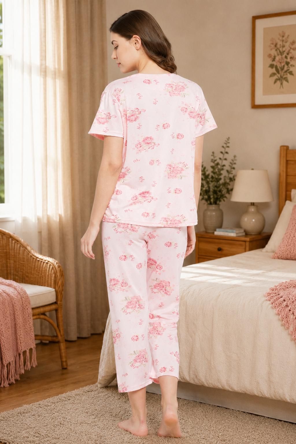 Floral Print Top & Pyjama Set In Pink