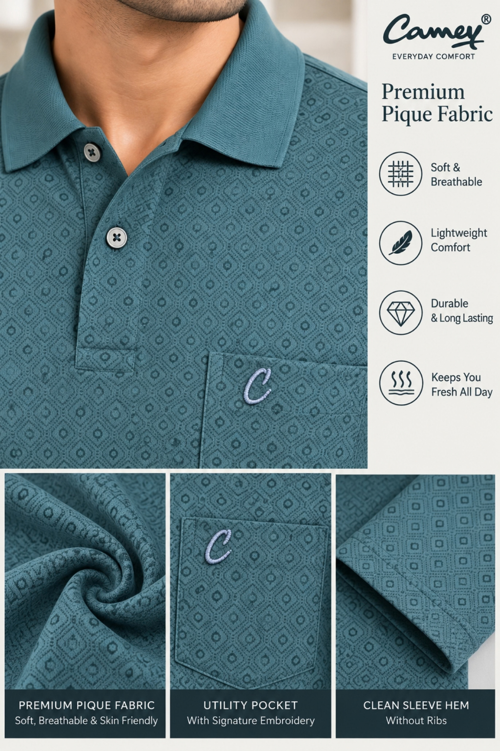 Men's Printed Full Sleeve T-Shirt For Men Polo Neck With Chest Pocket
