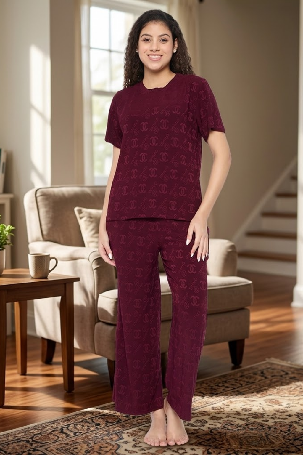 Top and Pyjama Set for Women Nightwear, Coffee
