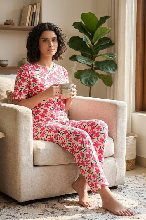 Camey Floral Printed Women Night Suit Set | Soft Cotton Blend Night Suit for Women Stylish Night Dress