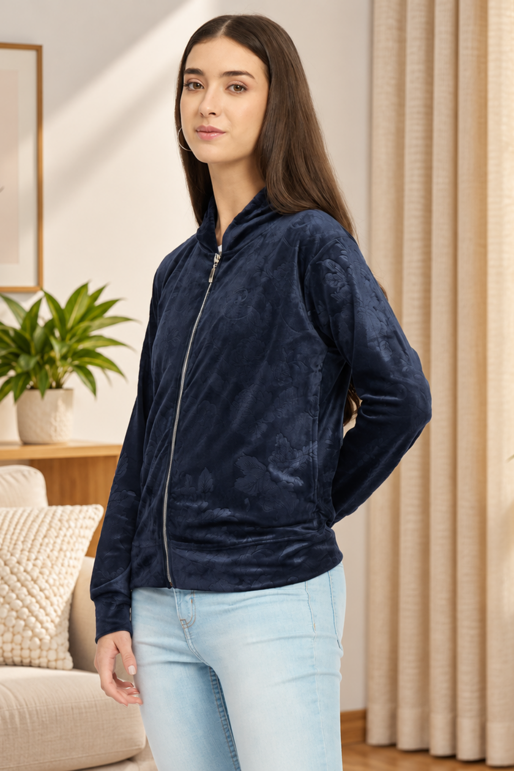 Women’s Floral Textured Zip-Up Hooded Sweatshirt