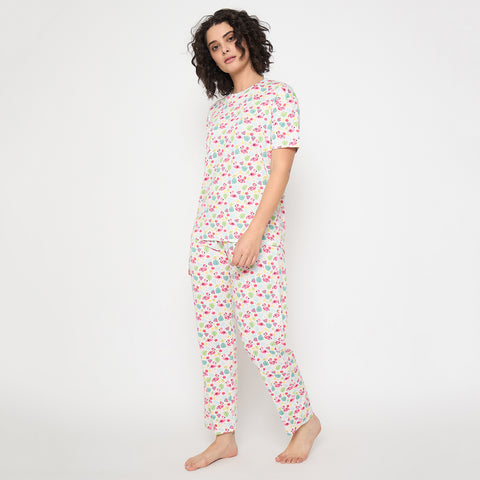 Buy Camey Night Suit Online – Top Sleepwear for Ladies | Women's Printed Pyjama Set, Off White