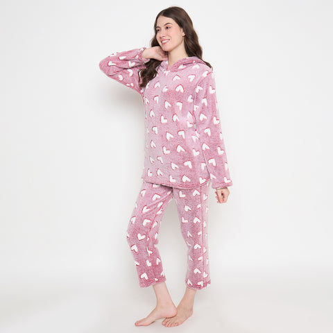 Women's Winter Glow in Dark Printed Full Sleeve Hooded Top, Pajama Pants with Pockets