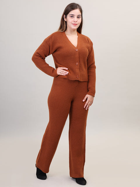 Women's Long Sleeve V-Neck Open Button woolen Brown Co-Ord Set