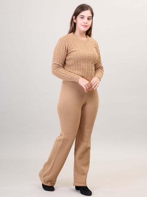 Women's Long Sleeve round neck woolen Co-Ord Set (Khaki)