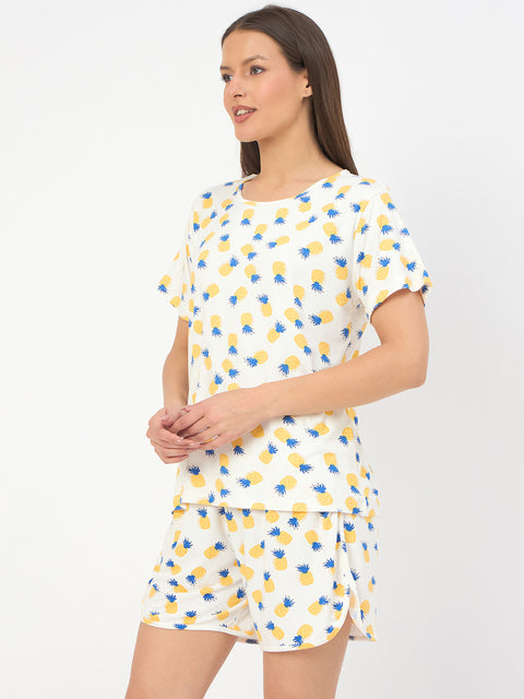 Women's Printed Loungewear Set, White Yellow