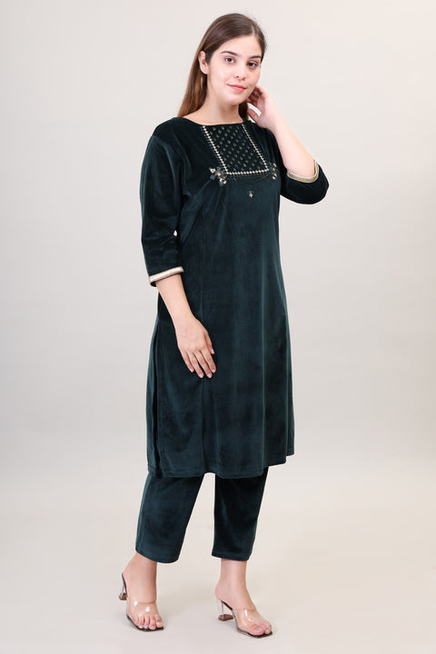 Women's Velvet Winter Embroidered Corduroy Kurti Set, Long Sleeves (Green)