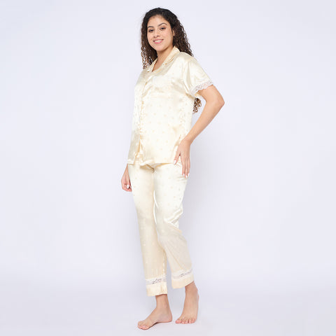 Women's Satin Pyjama Set, Short Sleeve Button-Down Shirt with Full Length Pyjama