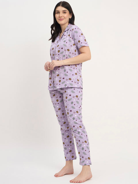 Women's Printed Nightsuit Pajama Set, Short Sleeve Button-Down Top with Pants, Cotton Nightwear, Purple