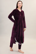 Women's Velvet Winter Corduroy Kurti Set, V-Neck, Long Sleeves (Maroon)