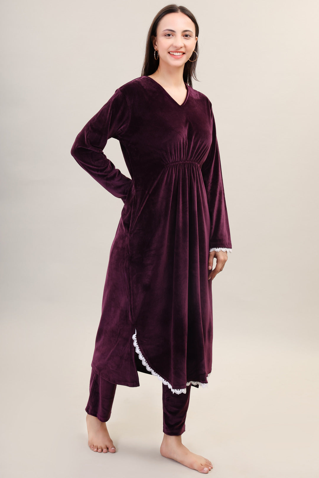 Women's Velvet Winter Corduroy Kurti Set, V-Neck, Long Sleeves (Maroon)