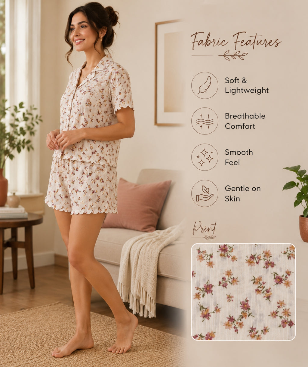 Women Night Suit, Loose Fit Short Set, Shirt & Short Loungewear, Printed Co-Ord, Stretch Fabric