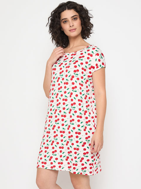 Women's Printed Nightgown, Short Sleeve Sleep Dress, Short Length, Short Nighty, Cream Red