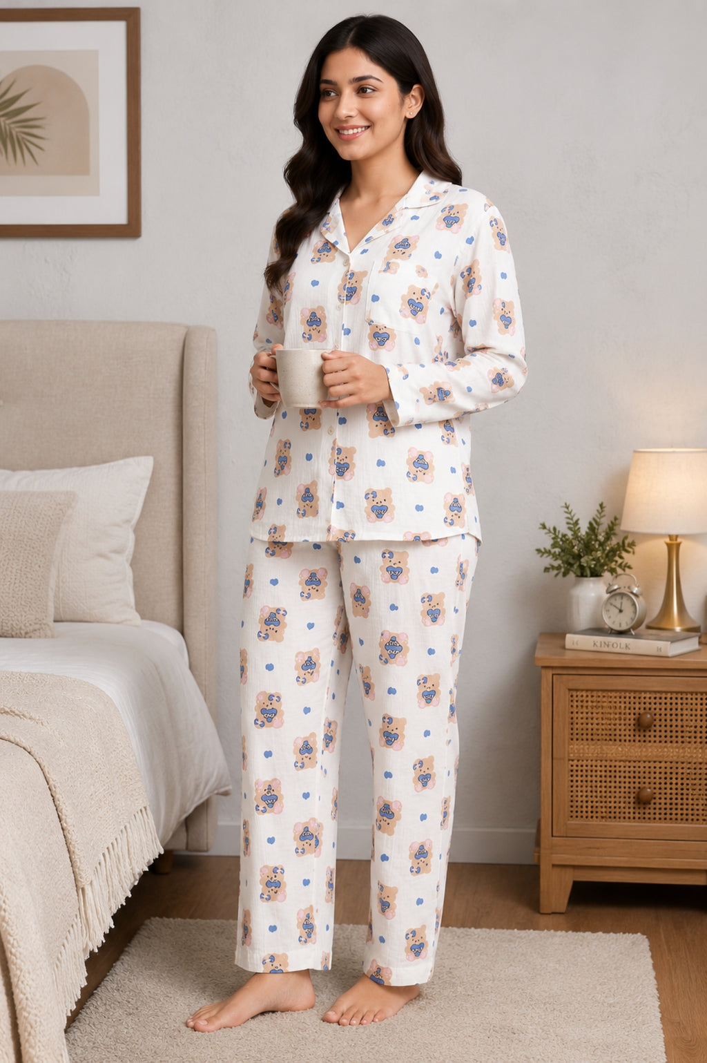 Women Night Suit Cotton Muslin Pyjama Set | Soft Printed Full Sleeve Sleepwear