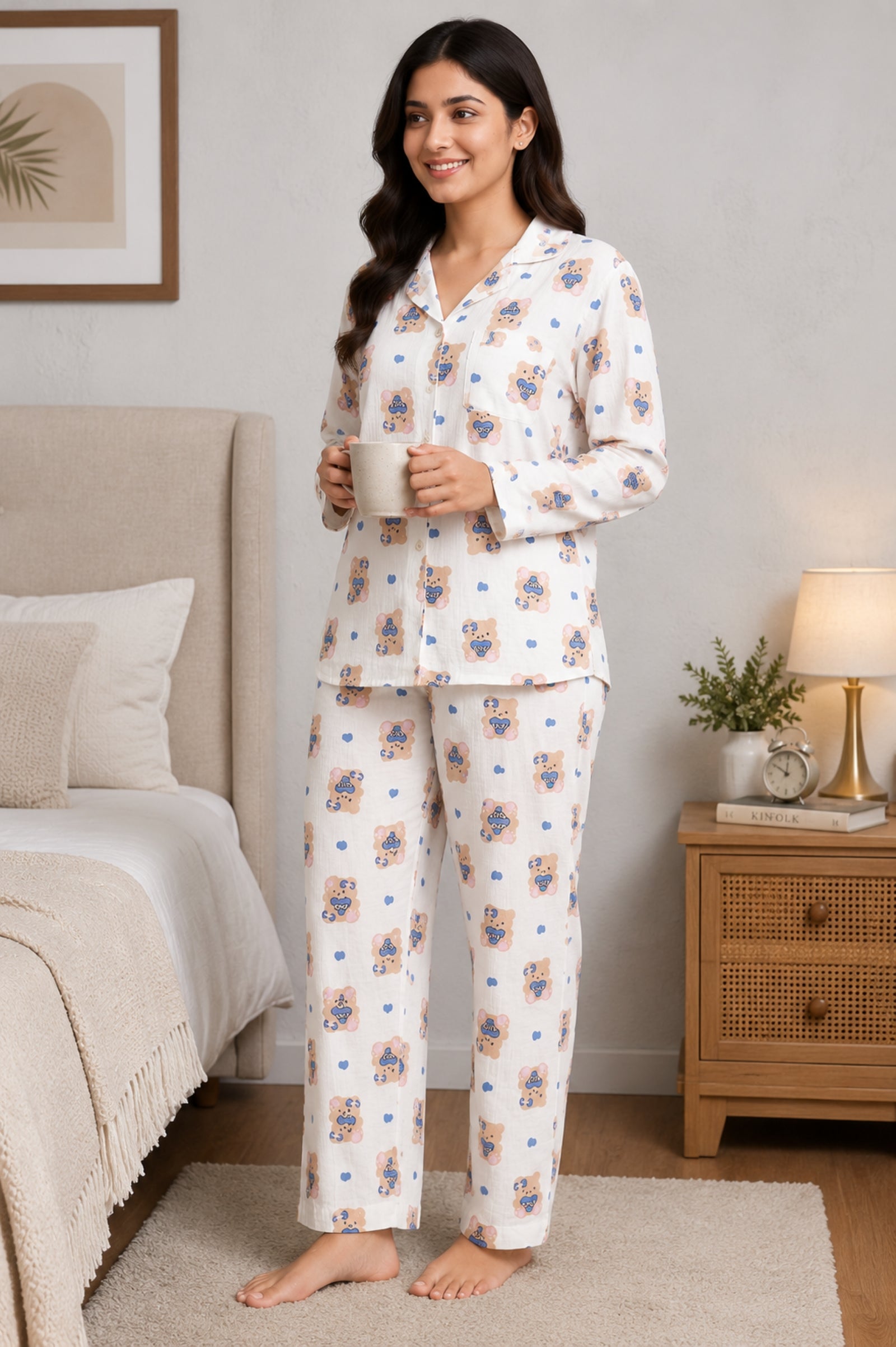 Women Night Suit Cotton Muslin Pyjama Set | Soft Printed Full Sleeve Sleepwear