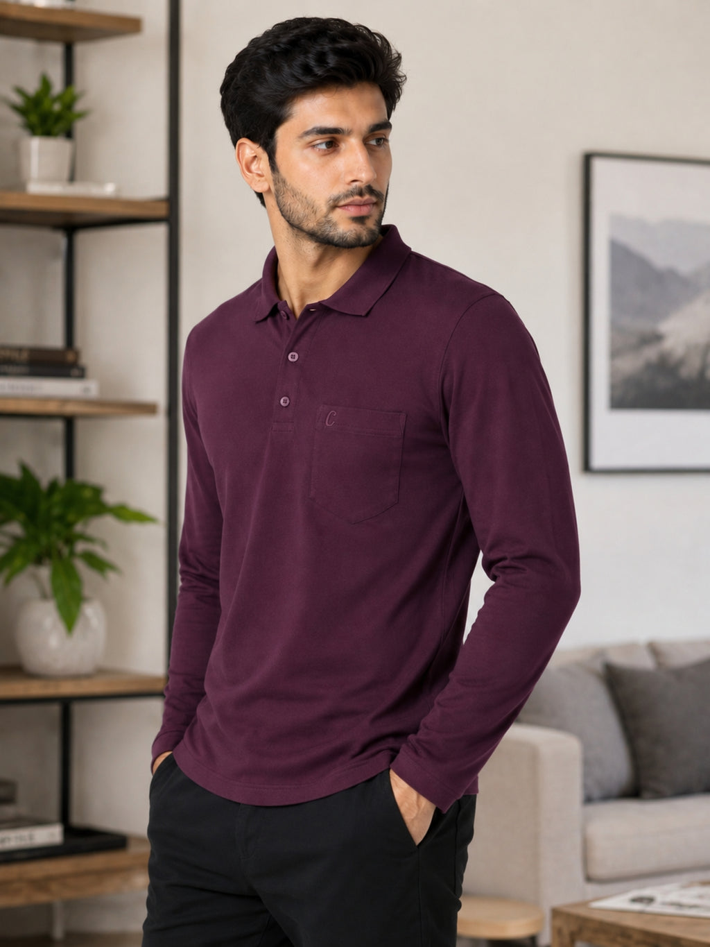 Camey Men's Plain Solid Long Sleeve Polo T-Shirt for men | Collared Casual Cotton Blend Tee with Chest Pocket