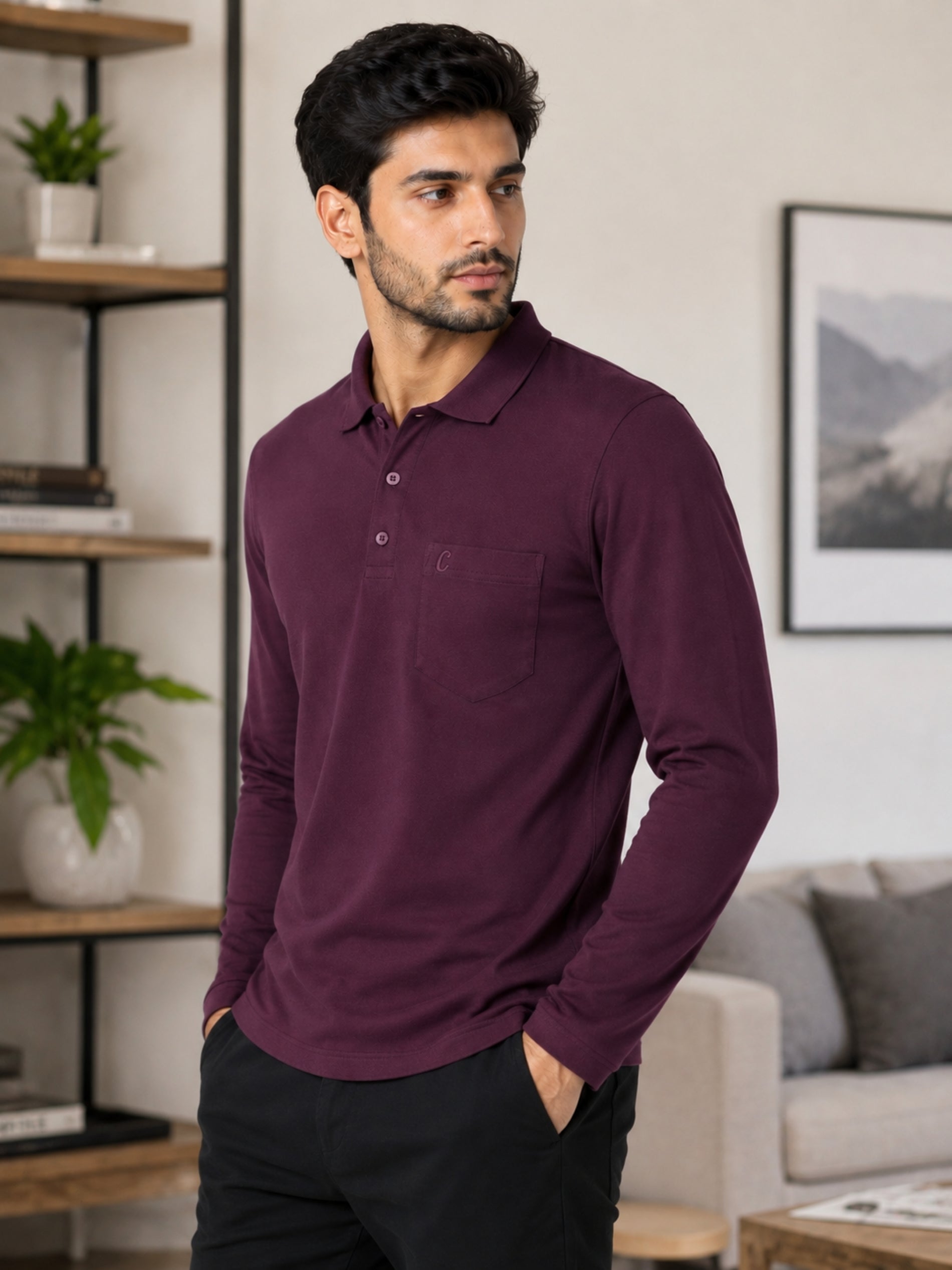 Camey Men's Plain Solid Long Sleeve Polo T-Shirt for men | Collared Casual Cotton Blend Tee with Chest Pocket