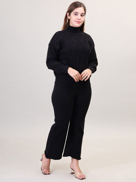 Women's Long Sleeve High Neck woolen Black Co-Ord Set
