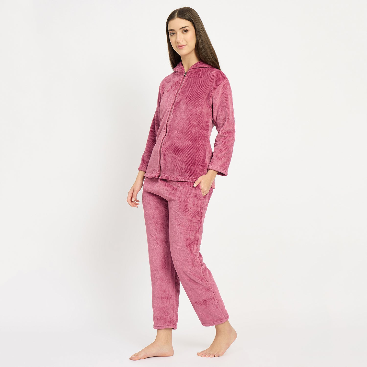Women's Winter Full Sleeve Jacquard Zipper Hoody Nightsuit