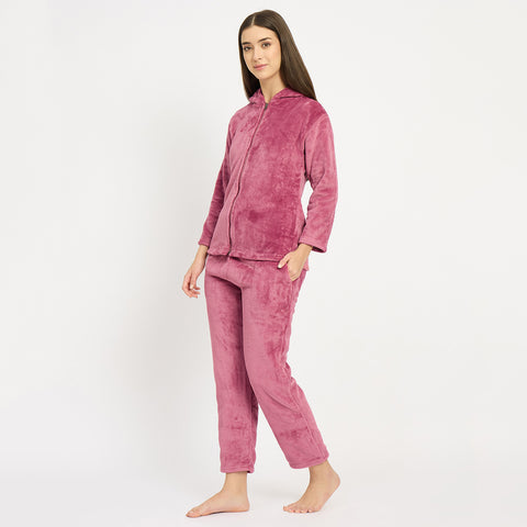 Women's Winter Full Sleeve Jacquard Zipper Hoody Nightsuit