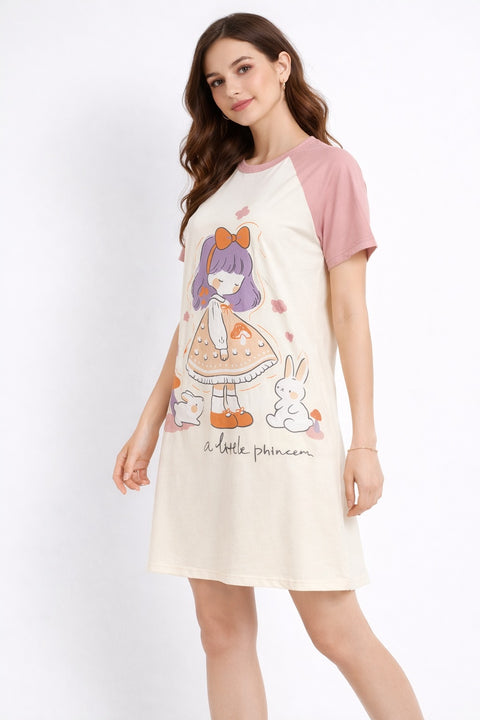 Women's short Nighty, Nightgown, Printed Pattern, Short Sleeve Sleep Dress