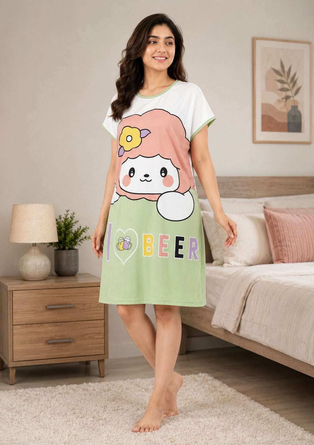 Women's Cute Cartoon Printed Knee Length Nighty | Soft Comfortable Loose Fit Short Sleeve Nighty for Women