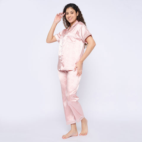 Women's Satin Pyjama Set, Short Sleeve Button-Down Shirt with Full Length Pyjama