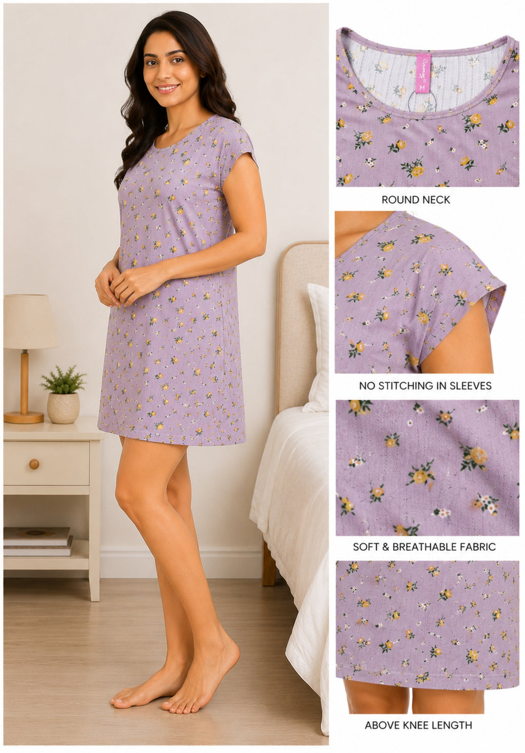 Women’s Knee Length Nighty | Soft Comfortable Sleepwear | Cap Sleeve Short Night Dress