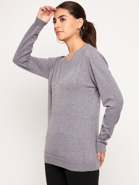 Women Woolen winter full sleeve stone print V- Neck top/Sweater