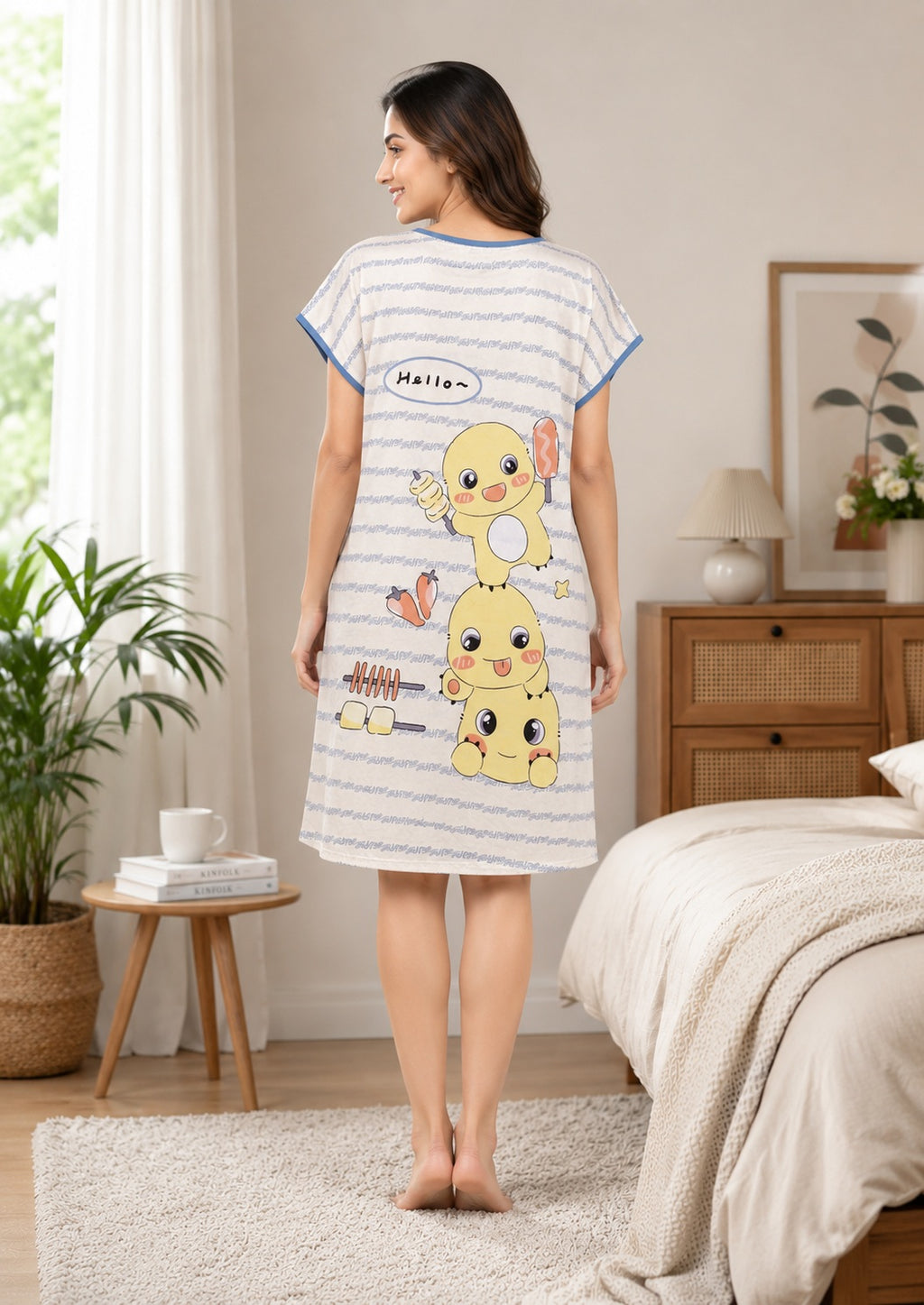 Women's Cute Cartoon Printed Knee Length Nighty | Soft Comfortable Loose Fit Short Sleeve Nighty for Women