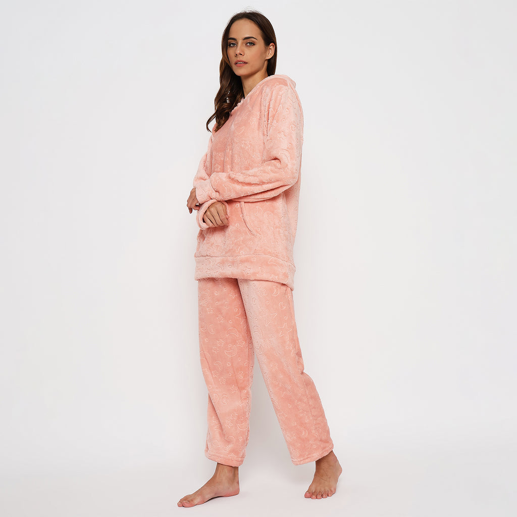 Women's Embossed Full Sleeve Hooded Top and Pajama Pants with Pockets