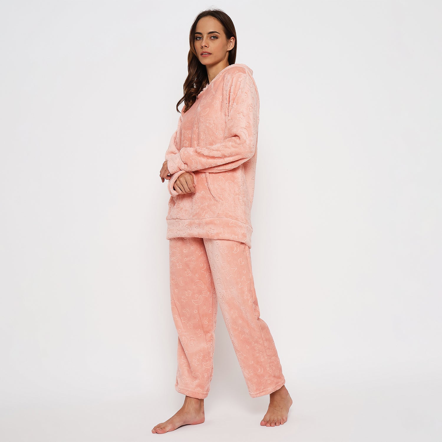 Women's Embossed Full Sleeve Hooded Top and Pajama Pants with Pockets
