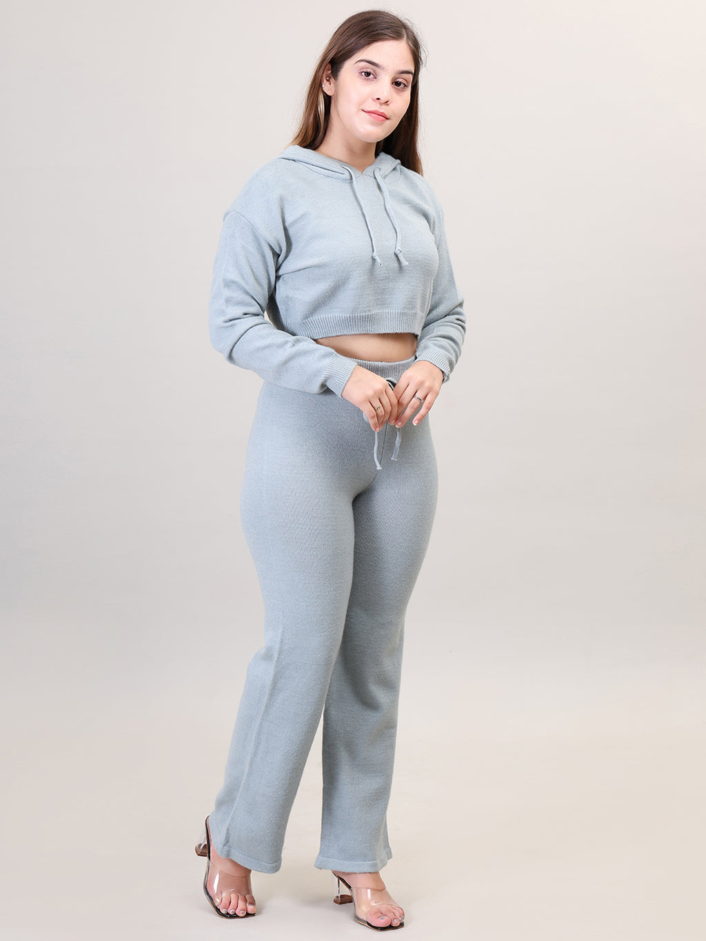 Women's Long Sleeve Hoody woolen Light Blue Co-Ord Set