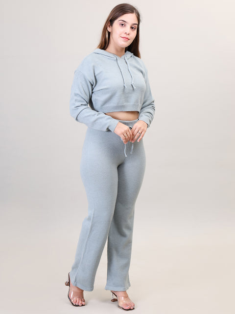 Women's Long Sleeve Hoody woolen Light Blue Co-Ord Set