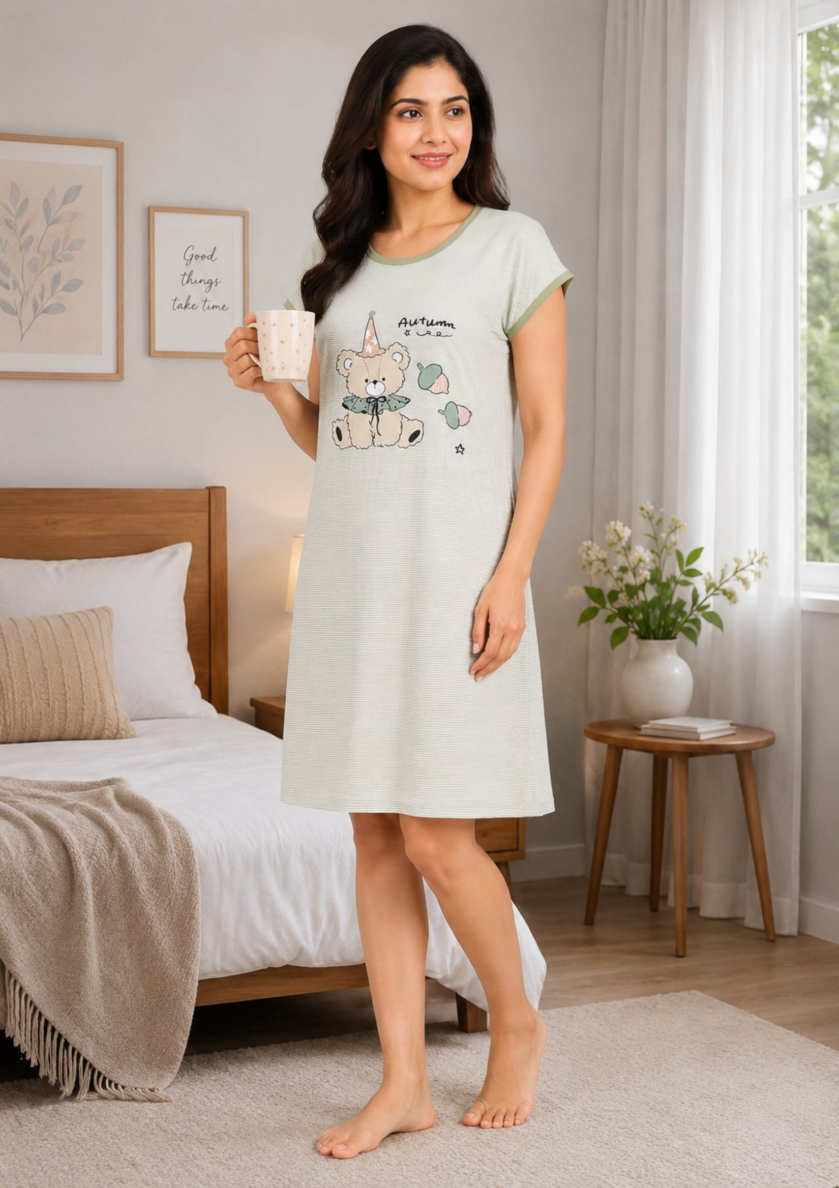 Women's Cute Cartoon Printed Knee Length Nighty | Soft Comfortable Loose Fit Short Sleeve Nighty for Women