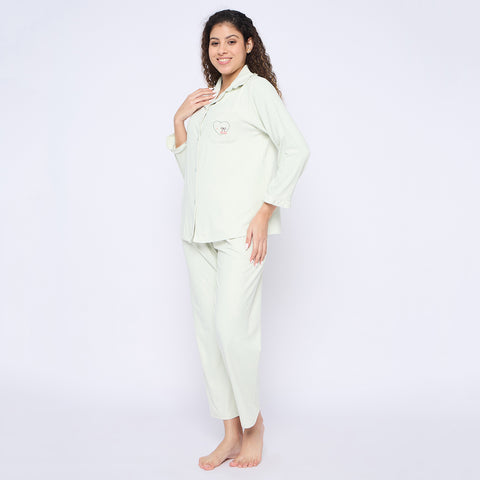 Women's Cotton Pajama Set, Long Sleeve Button-Down Shirt with Pants, Comfortable Sleepwear, Green
