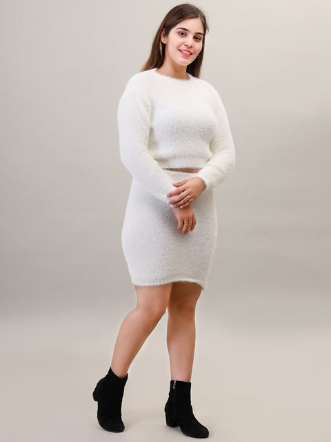 Women's Long Sleeve Round Neck woolen Off White Skirt Set
