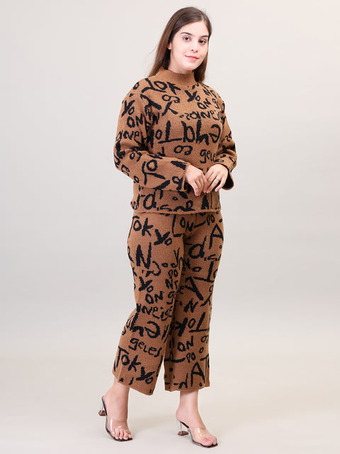 Women's Long Sleeve Round Neck woolen Black Co-Ord Set