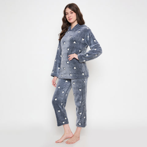 Women's Winter Glow in Dark Printed Full Sleeve Hooded Top, Pajama Pants with Pockets