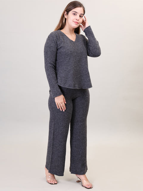 Women's Long Sleeve V-Neck woolen Dark Grey Co-Ord Set