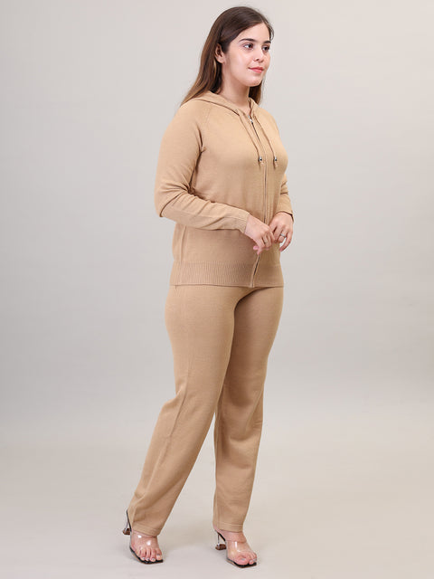 Women's Long Sleeve Zipper Hoody woolen Khaki Co-Ord Set
