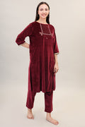 Women's Velvet Winter Embroidered Corduroy Kurti Set, Long Sleeves (Black)